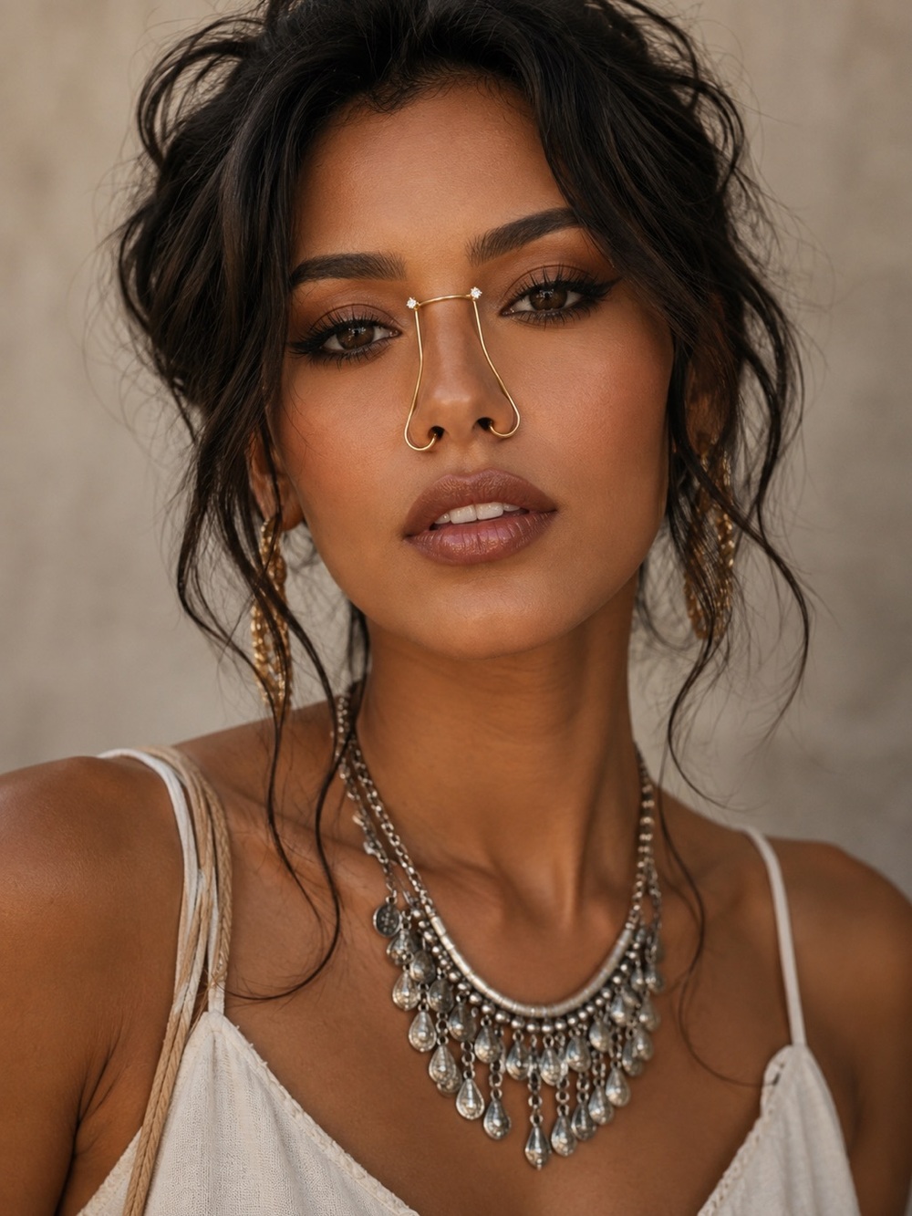 Elegant Gold Nose Chain & Hoop Set - Gold